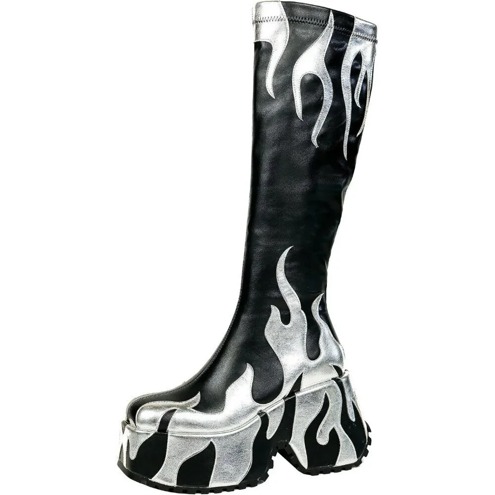 Women’s Synthetic Black Side Zipper High Heeled Flames Printing Chunky Sole Boot